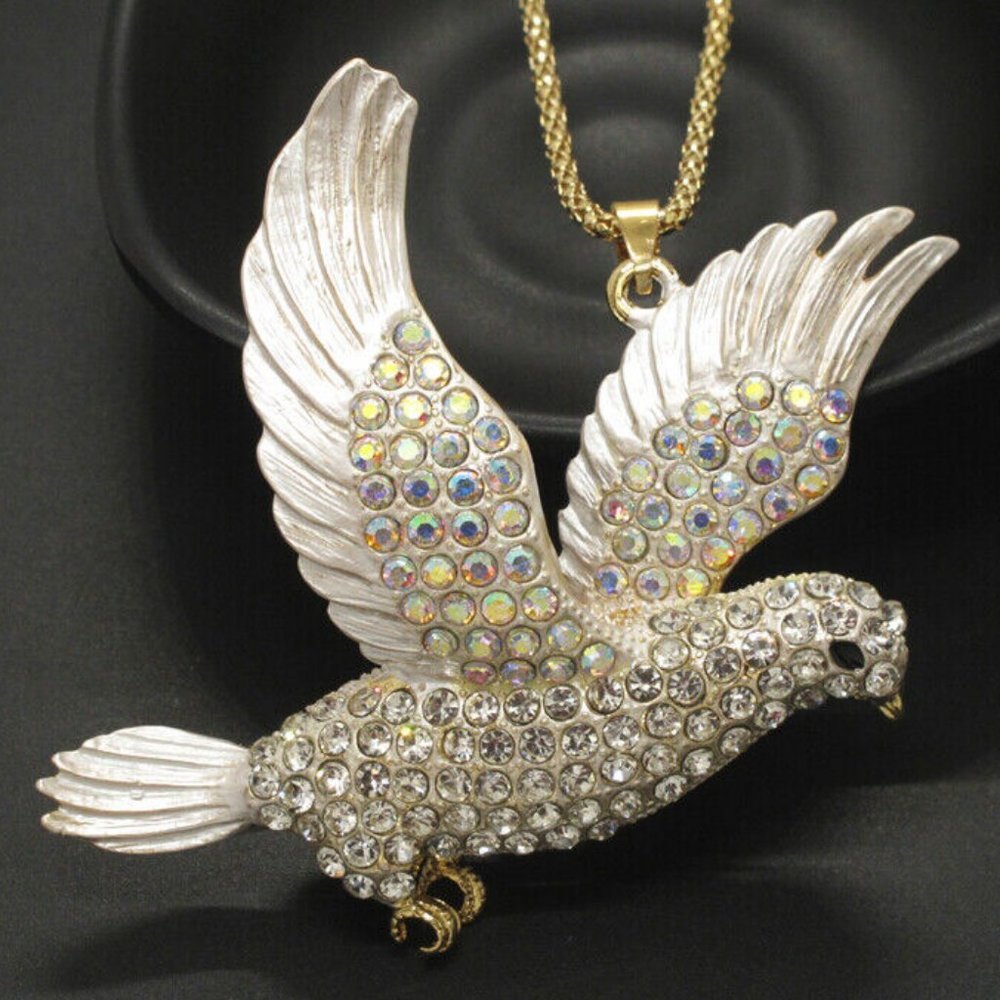 Lovely DOVE of PEACE Bird Crystal & Aurora Borealis Rhinestone Pendant Necklace